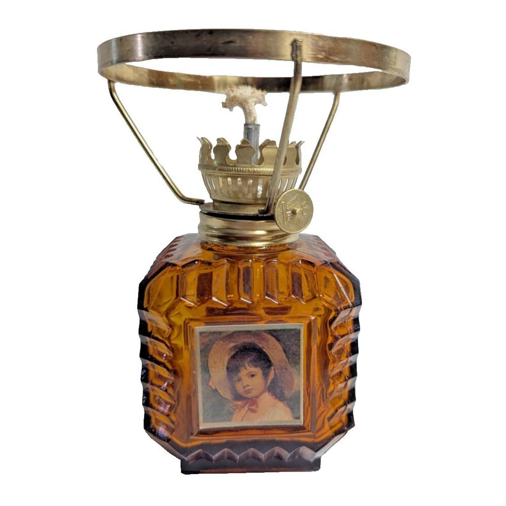 Victorian Style Amber Glass Children Portrait Wick Metal Top Holder VTG 1960s